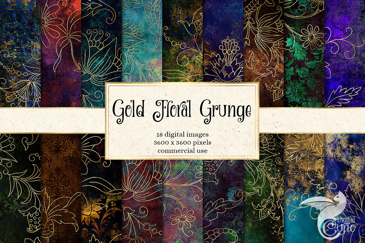 Gold Floral Grunge Digital Paper in Textures - product preview 8