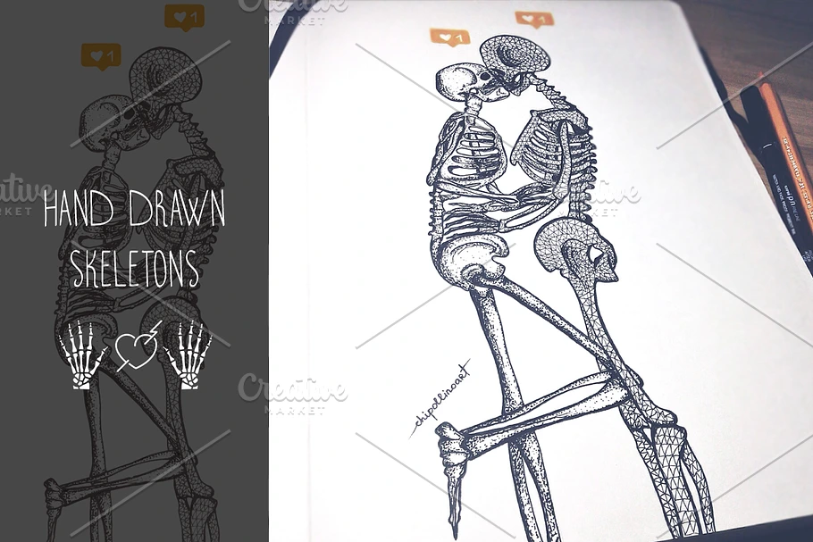 Skeletons illustration, skull tattoo
