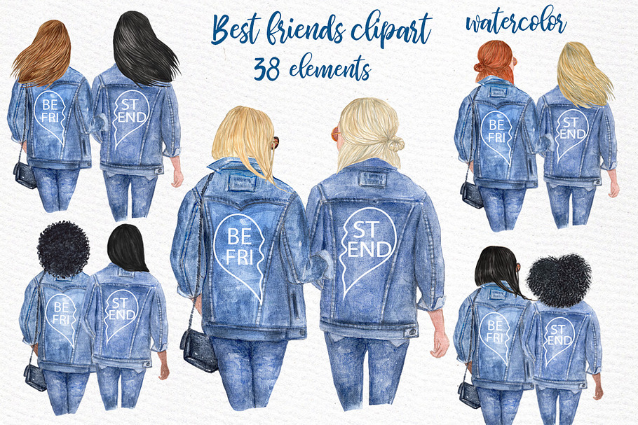 Best friends Girls in jeans clipart