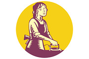 Housewife Ironing Circle Woodcut