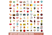 100 cafe advertising icons set, flat