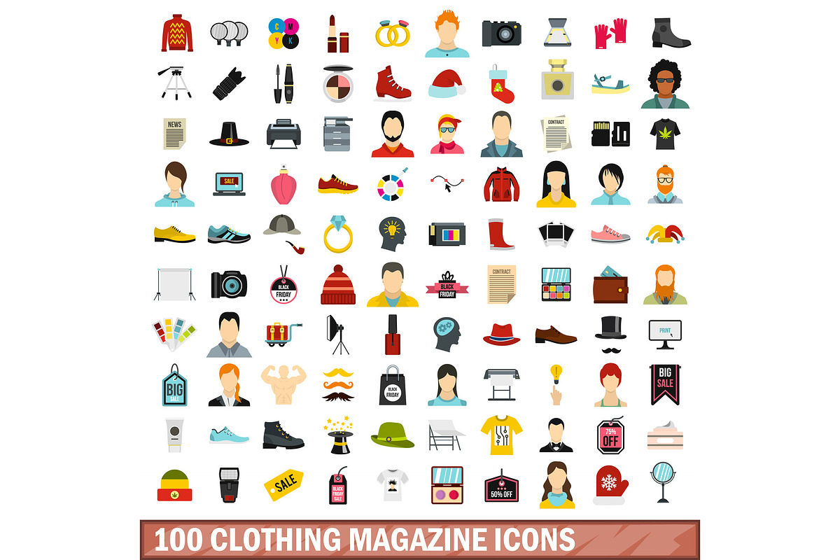 100 clothing magazine icons set in Illustrations - product preview 8