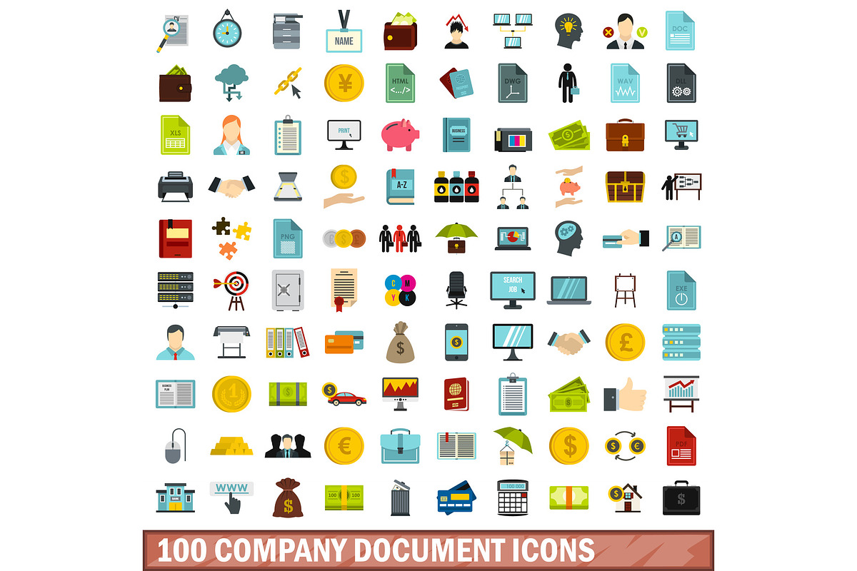 100 company document icons set, flat in Illustrations - product preview 8