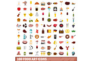100 food art icons set, flat style
