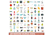 100 medicine journal icons set, flat
