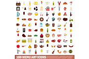 100 menu art icons set, flat style