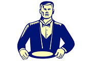 Waiter Cravat Serving Plate Woodcut