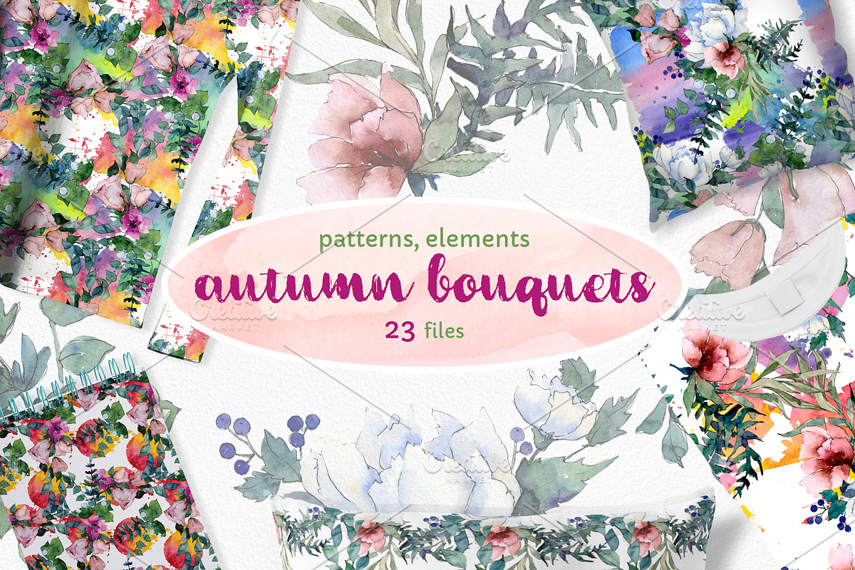 Autumn Flowers Bouquets Watercolor in Illustrations - product preview 8