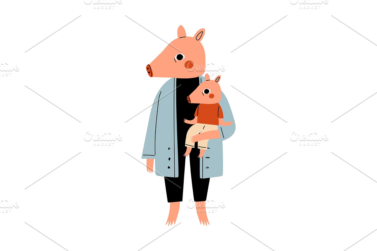 Mother Pig Holding Piglet on Her in Illustrations - product preview 8