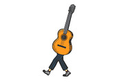 Acoustic guitar walks on its feet
