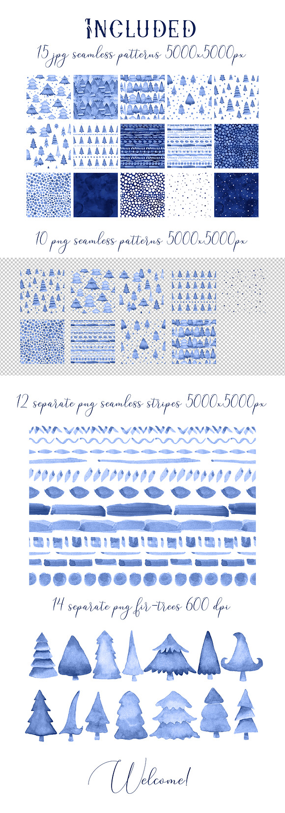 Watercolor Indigo Firs Pattern Set in Patterns - product preview 3