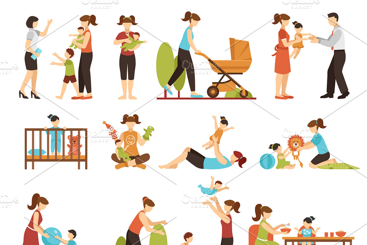 Babysitter flat icons set in Icons - product preview 8