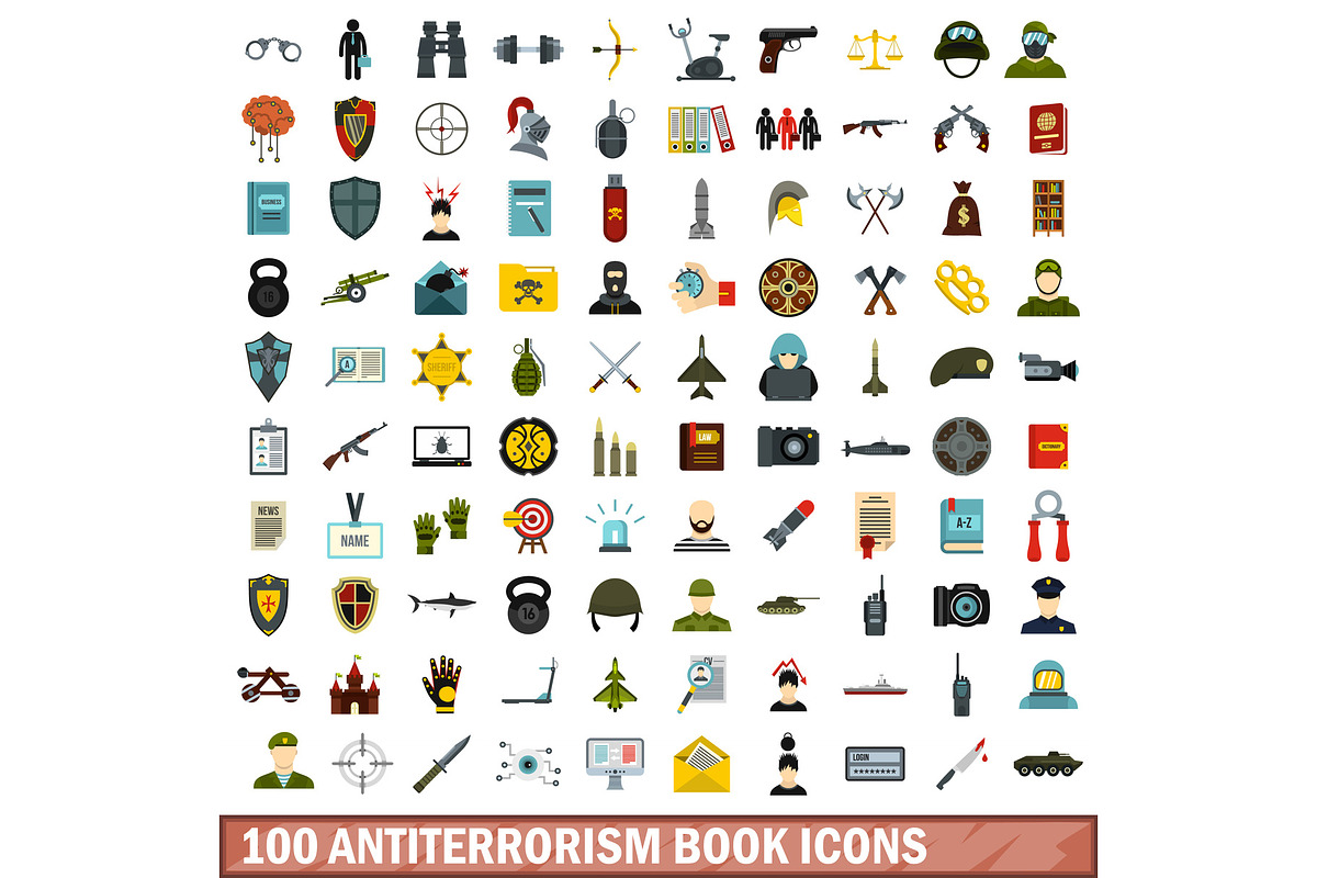 100 antiterrorism book icons set in Illustrations - product preview 8