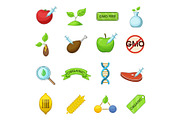 GMO goods icons set, cartoon style