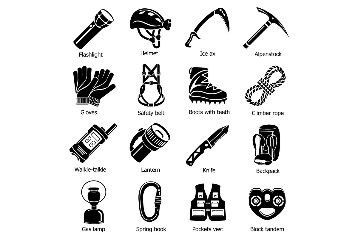 Speleology equipment icons set in Illustrations - product preview 8