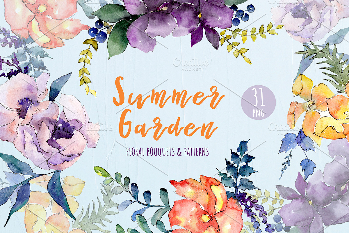 Watercolor Bouquet Summer Garden png in Illustrations - product preview 8