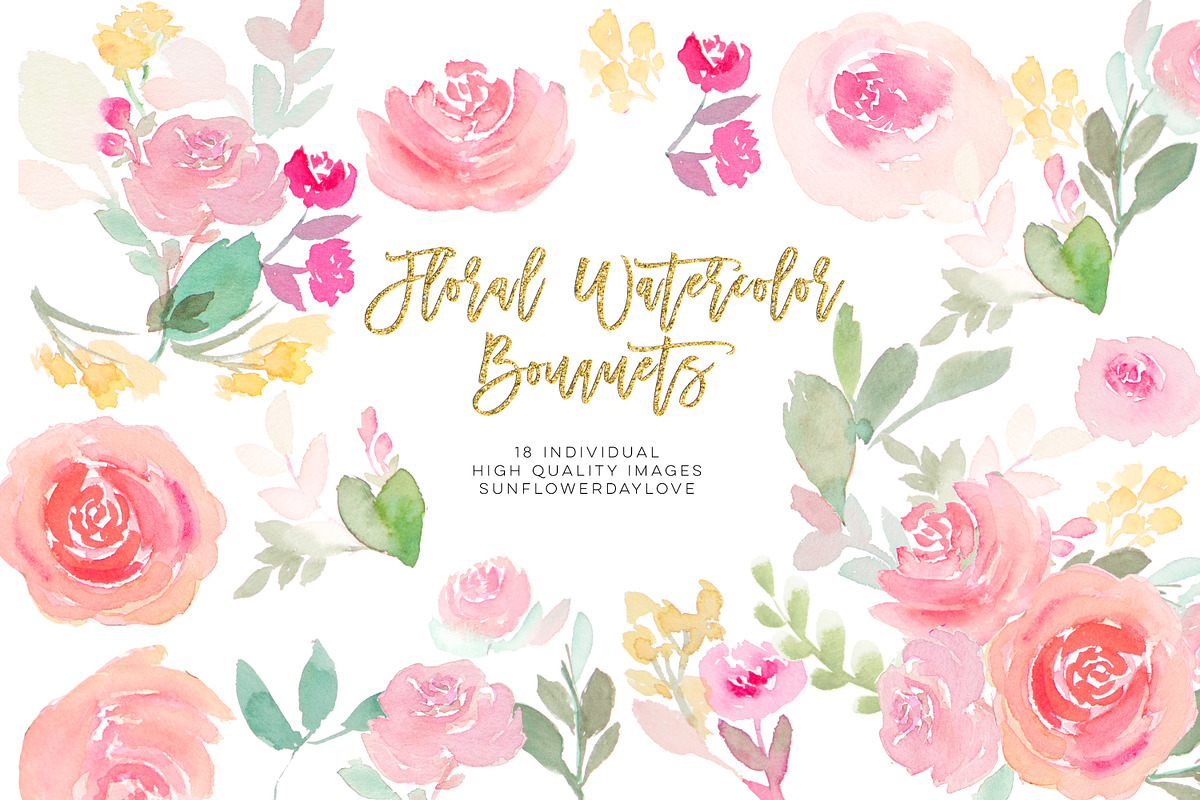Pink floral watercolor clipart in Illustrations - product preview 8