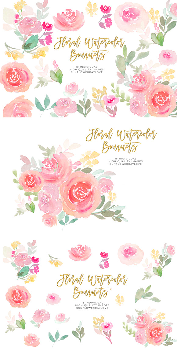 Pink floral watercolor clipart in Illustrations - product preview 3