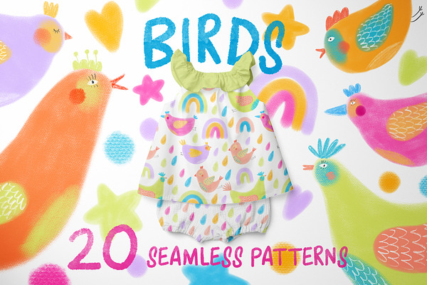 Colored birds. Seamless patterns