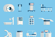 Hospital equipment flat icons set