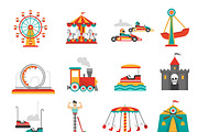 Amusement park flat icons set