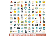 100 book advertising icons set, flat
