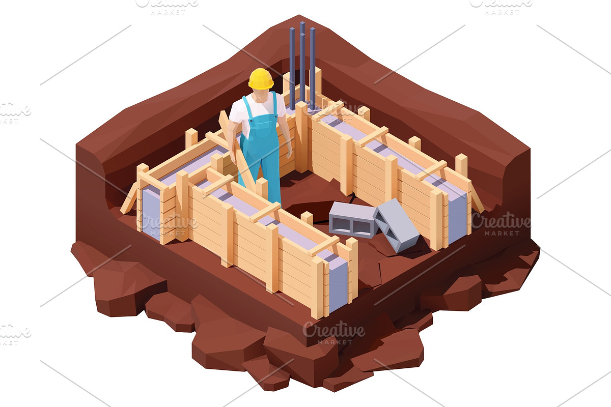 Isometric house foundation works in Illustrations - product preview 8