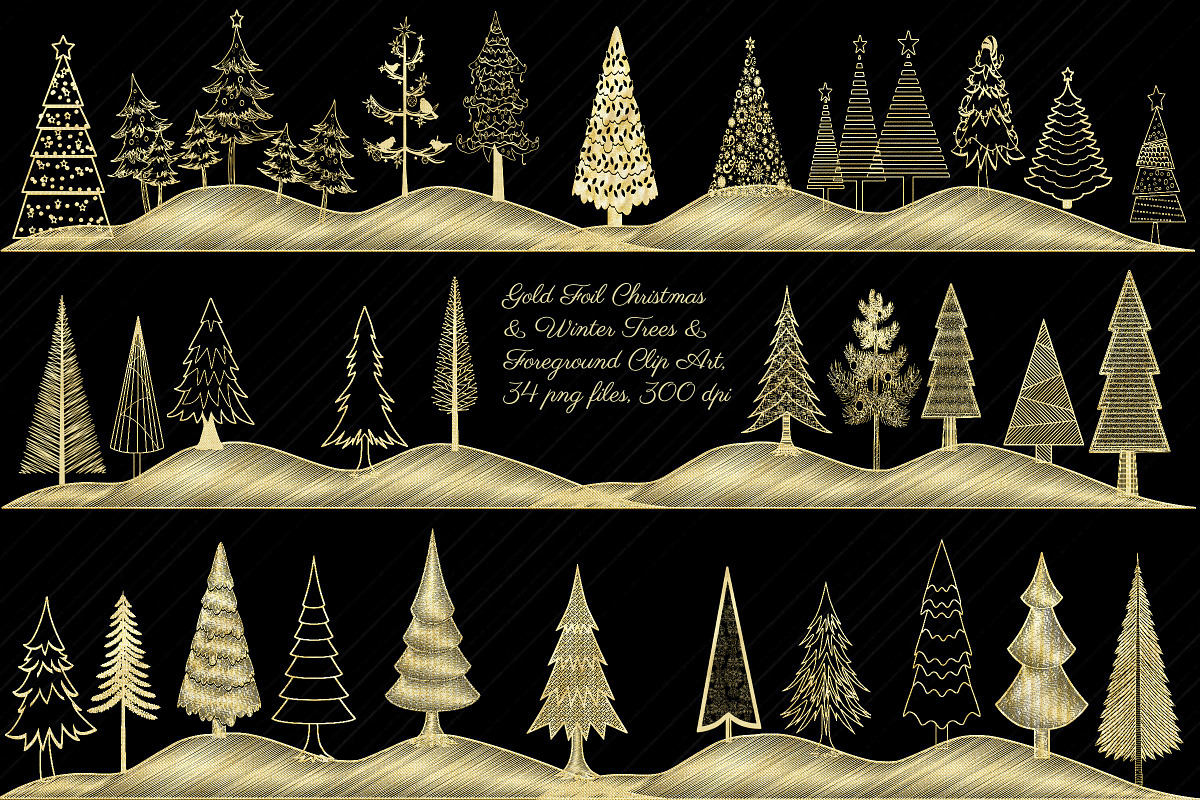 Gold Foil Christmas & Winter Trees in Illustrations - product preview 8