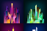 Night downtown skyscrapers icons