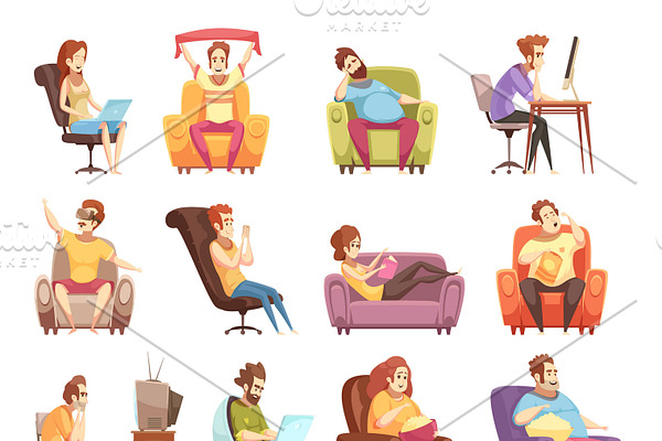 Sedentary lifestyle cartoon icons