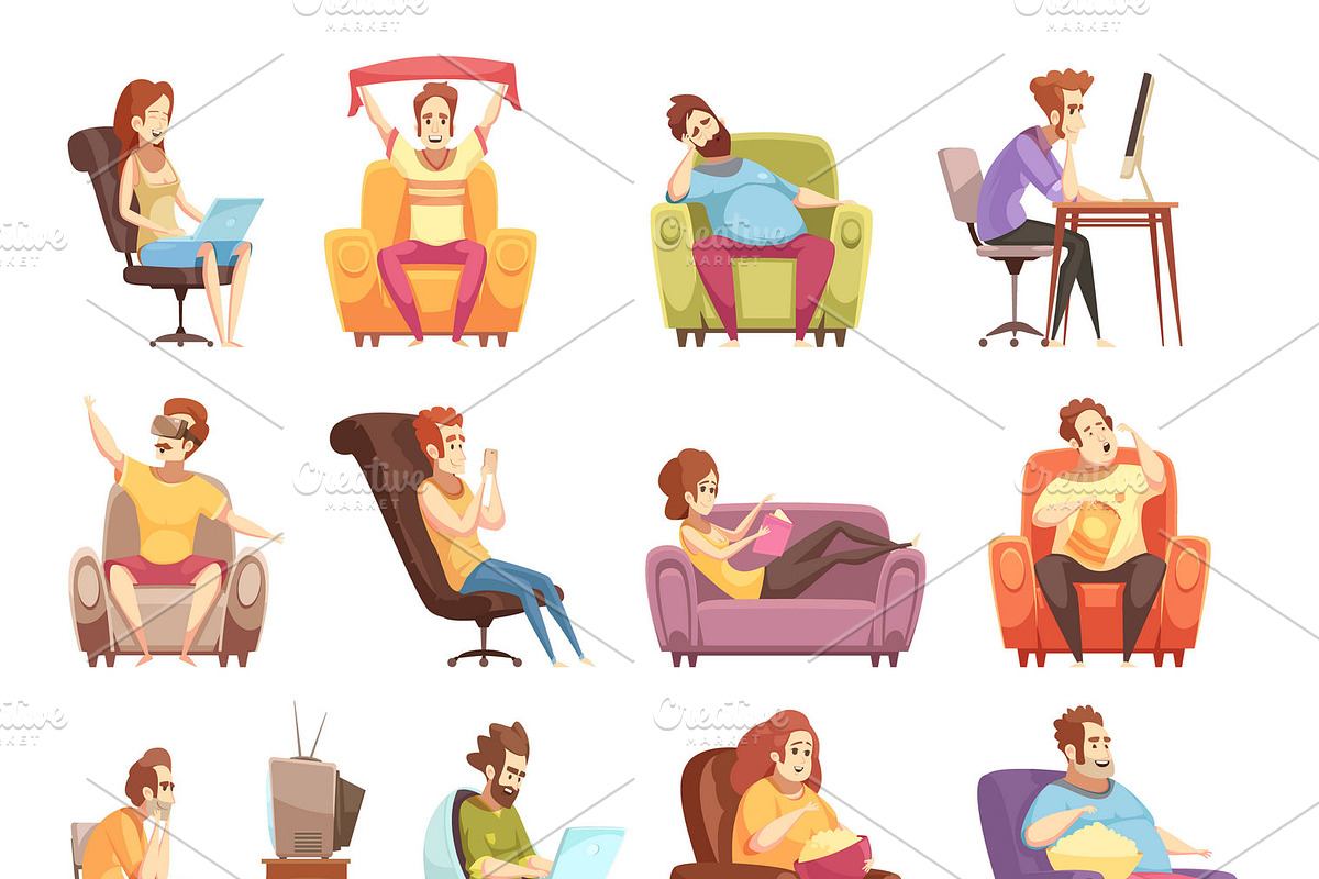 Sedentary lifestyle cartoon icons in Icons - product preview 8