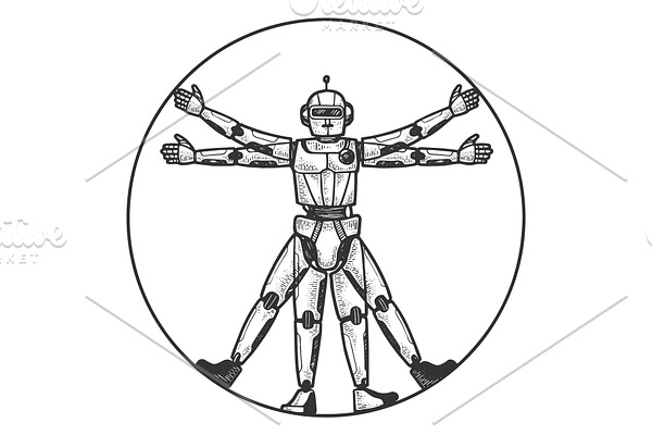 Robot Vitruvian Man sketch engraving