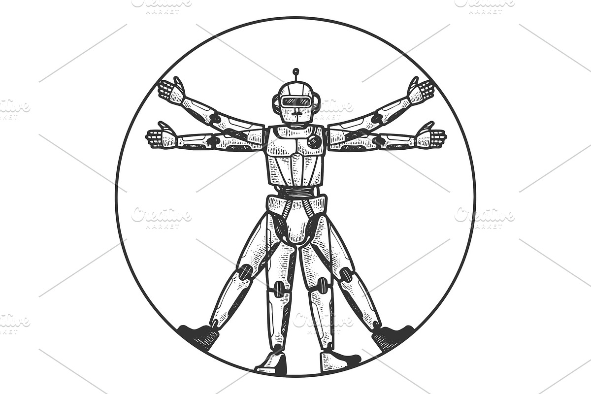 Robot Vitruvian Man sketch engraving in Illustrations - product preview 8