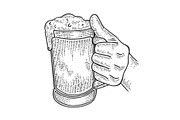 Beer mug in hand sketch engraving