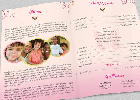 Pink Floral Funeral Program Template in Templates - product preview 2