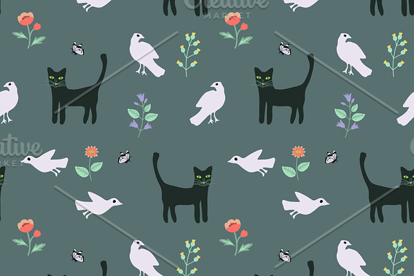 Seamless cats and birds