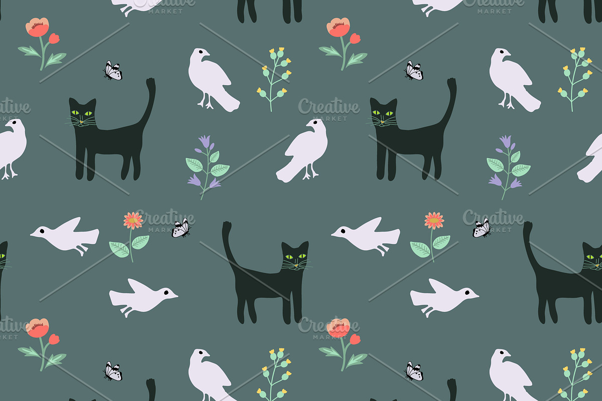 Seamless cats and birds in Patterns - product preview 8