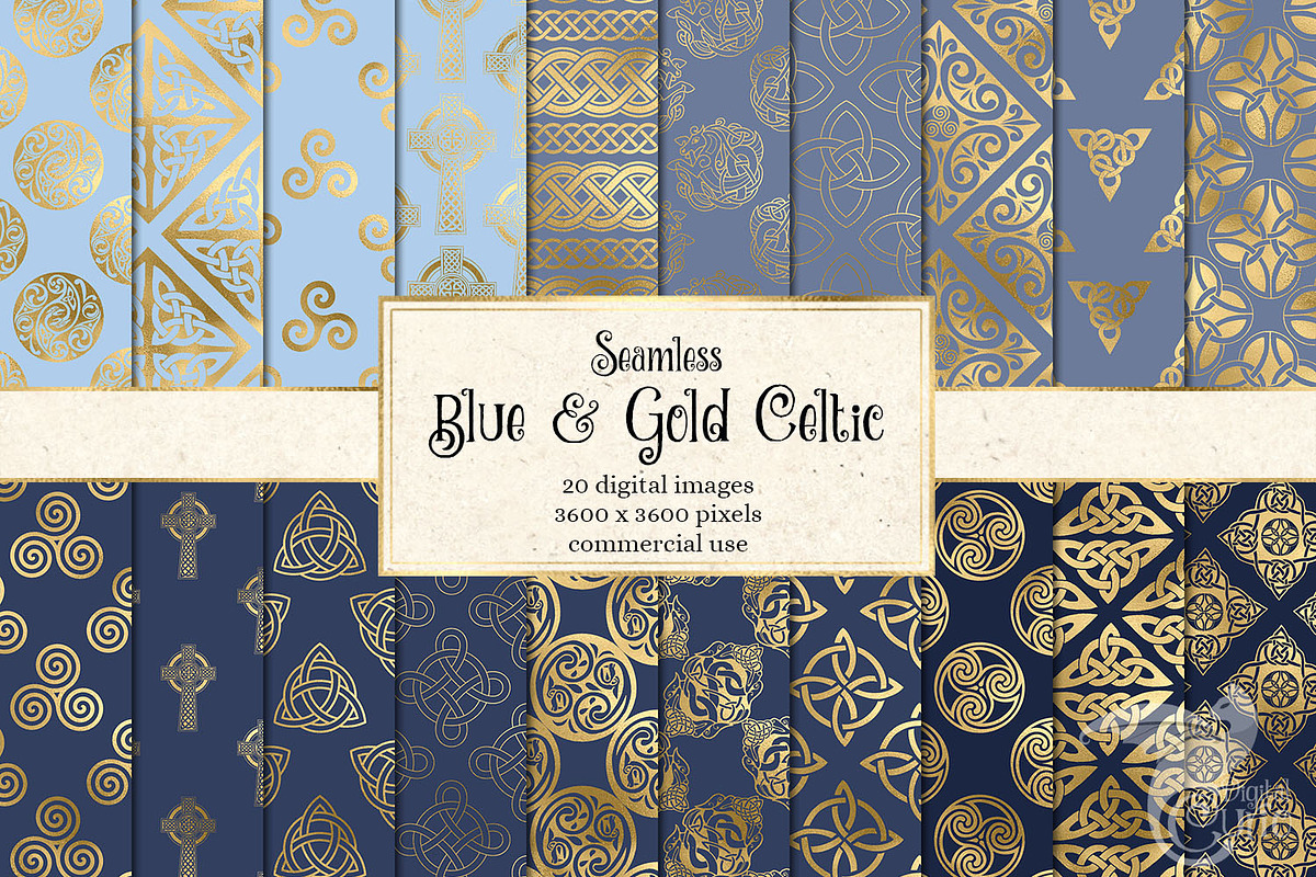 Blue and Gold Celtic Digital Paper in Patterns - product preview 8