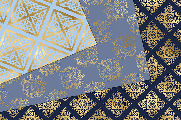Blue and Gold Celtic Digital Paper in Patterns - product preview 2