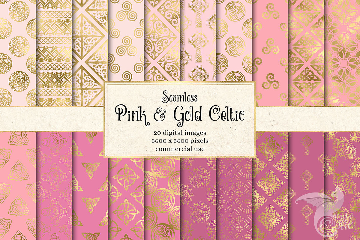 Pink and Gold Celtic Digital Paper in Patterns - product preview 8