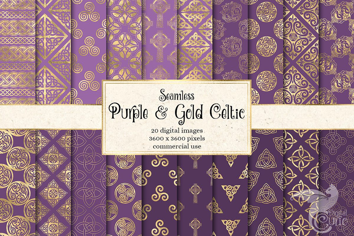Purple and Gold Celtic Digital Paper in Patterns - product preview 8