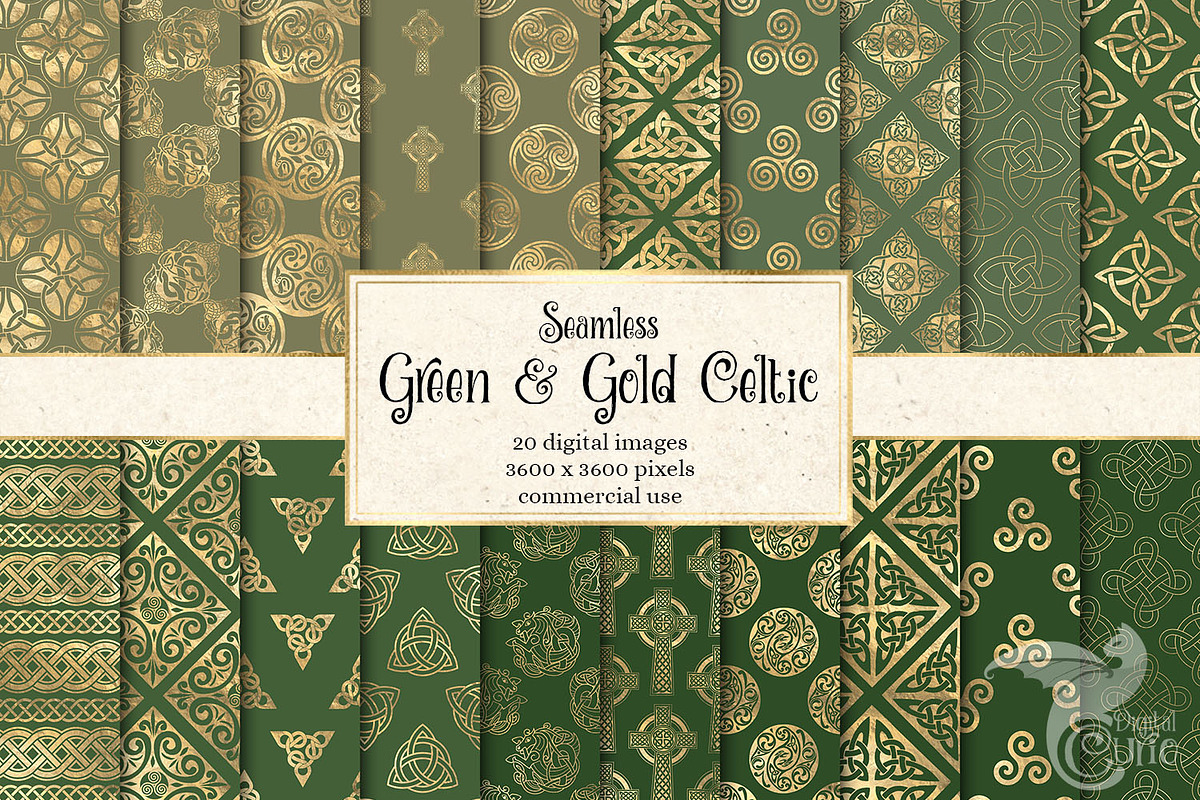 Green & Gold Celtic Digital Paper in Patterns - product preview 8