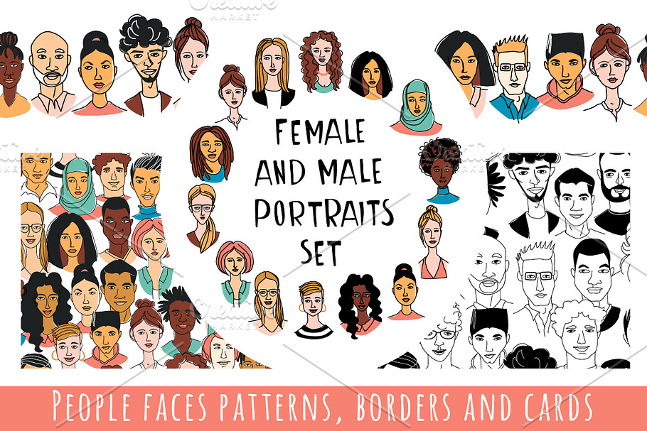 Diverse women's men's portraits set