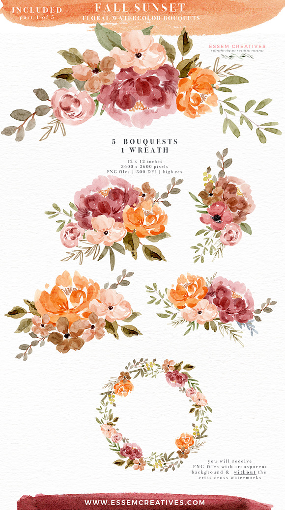 Orange Pink Fall Watercolor Flowers in Illustrations - product preview 2