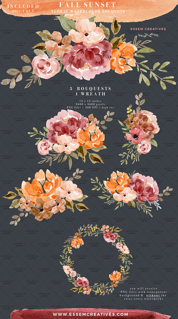 Orange Pink Fall Watercolor Flowers in Illustrations - product preview 3