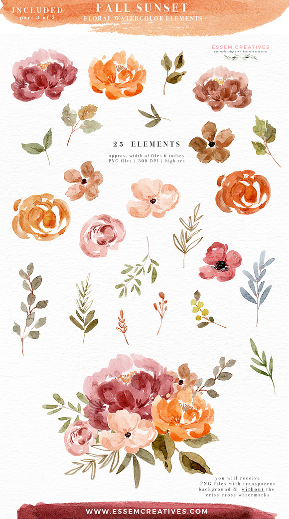 Orange Pink Fall Watercolor Flowers in Illustrations - product preview 8