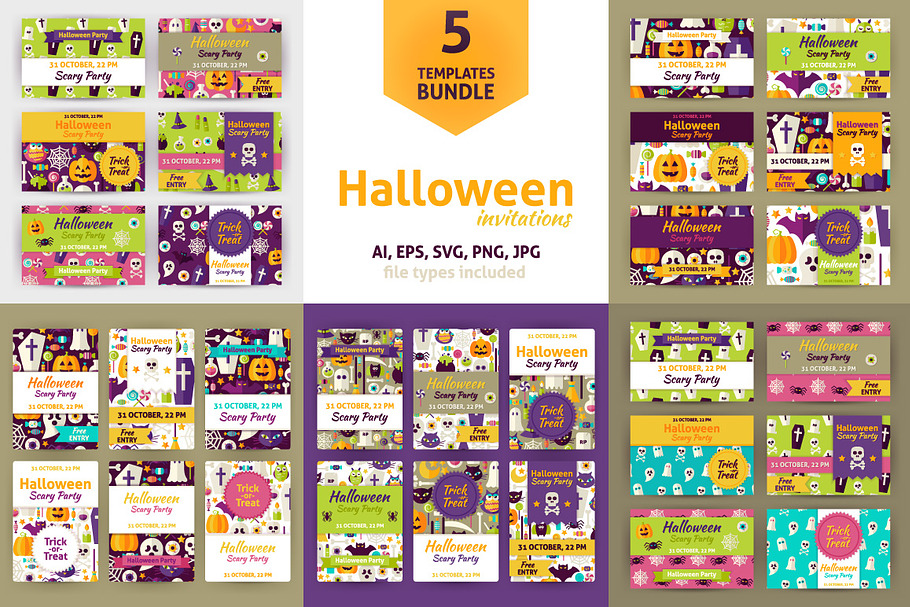 Halloween Flat Vector Invitations in Postcard Templates - product preview 8
