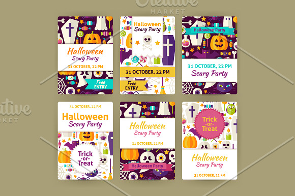 Halloween Flat Vector Invitations in Postcard Templates - product preview 2