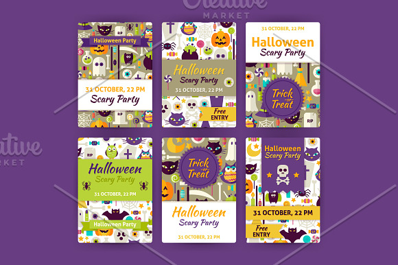 Halloween Flat Vector Invitations in Postcard Templates - product preview 3
