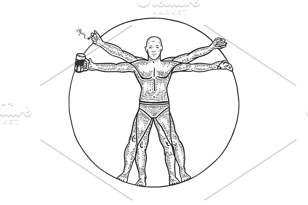 Party Vitruvian Man sketch engraving